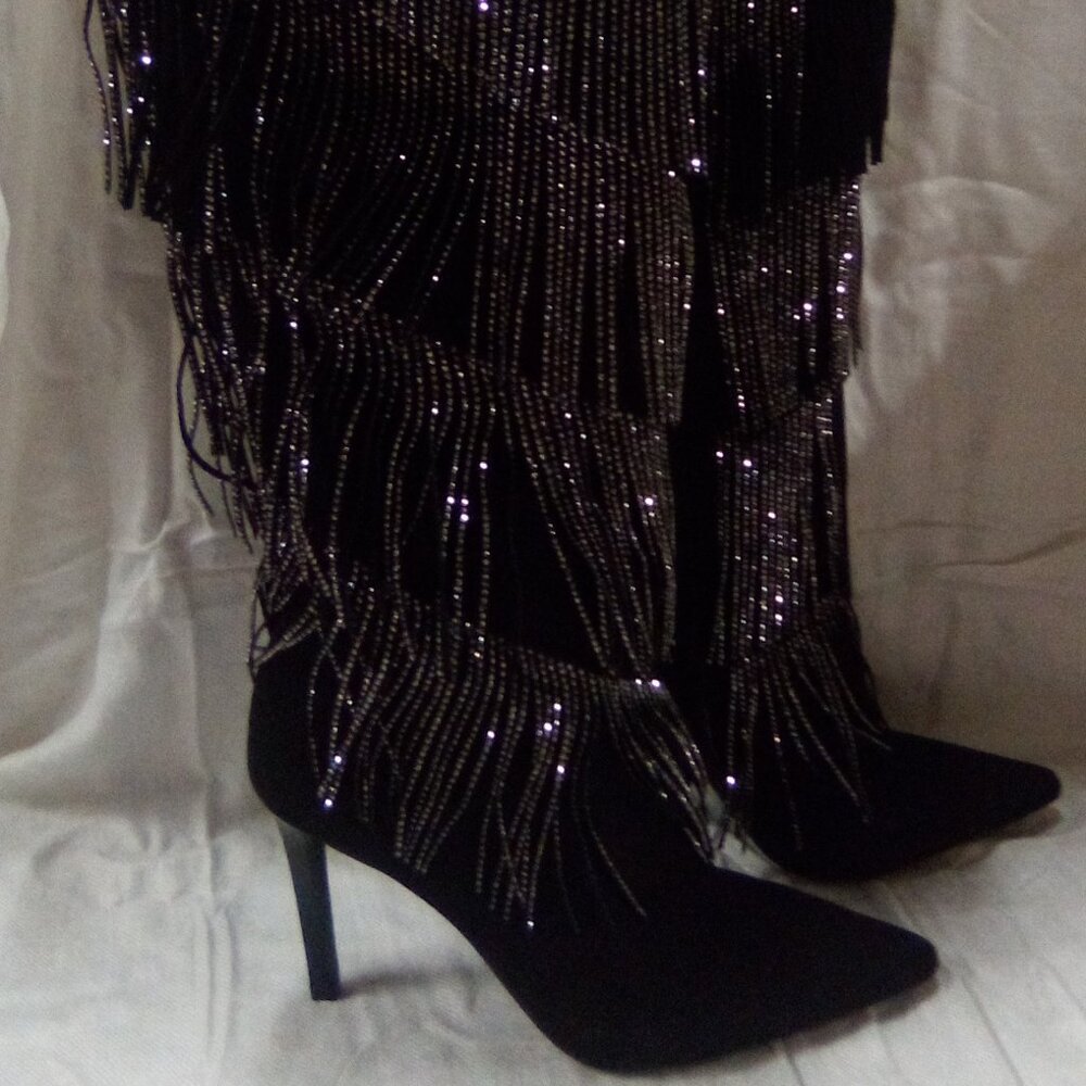 INC Womens Black Metallic Fringed Shynf Pointed Toe Stiletto Knee-Hi Dress Boot - Picture 2 of 7